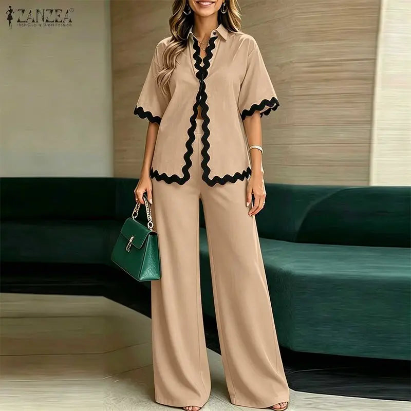 Stylish Women 2 Pieces Sets ZANZEA Summer Lapel Neck Short Sleeve Blouse Trousers Suit Contrast Color Wave Cut Office OL Outfits