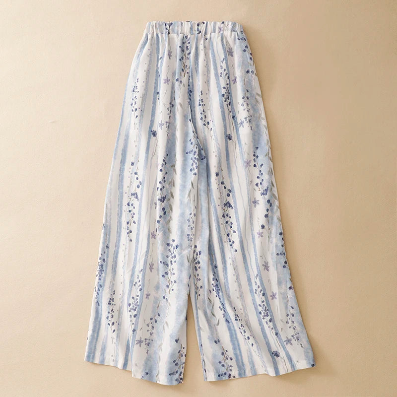 Casual Floral Print Wide Leg Pants High Waist Long Trousers Women's Spring Summer Vacation Style Comfortable Breathable Cotton