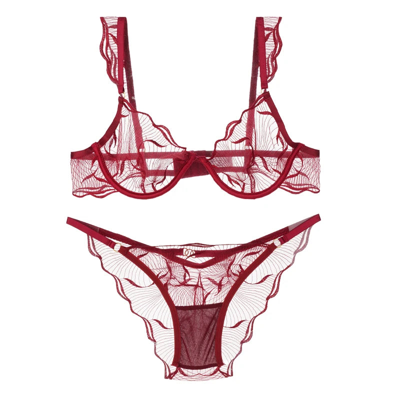 Elegant Women Flower Embroidery Mesh Lingerie Set Adjustable Straps Underwire Bra Panty Transparent Intimates