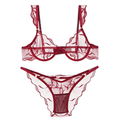 Elegant Women Flower Embroidery Mesh Lingerie Set Adjustable Straps Underwire Bra Panty Transparent Intimates