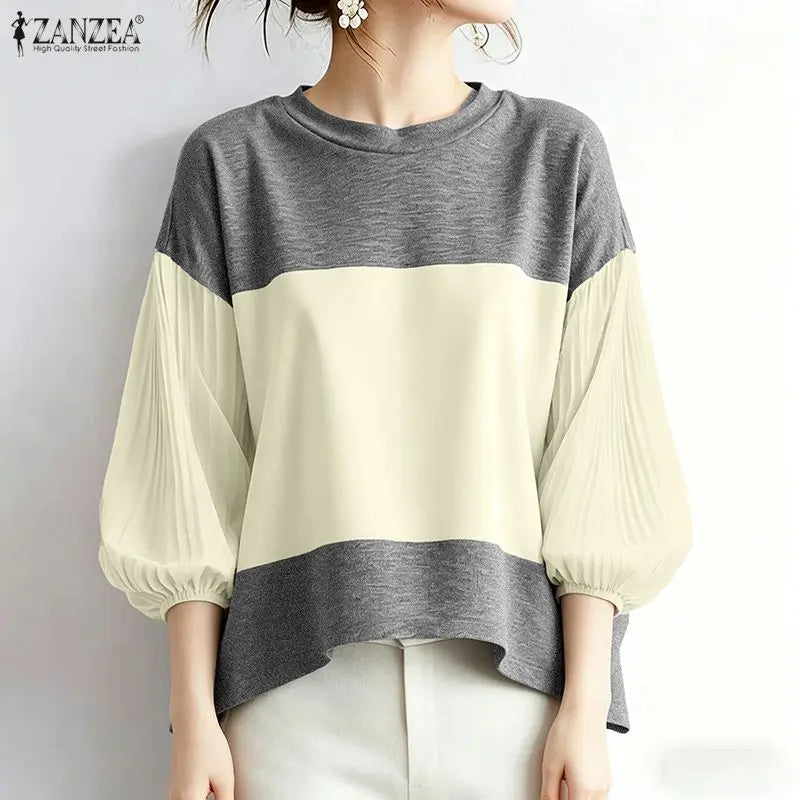 ZANZEA Women Color-Blocked T-Shirts O-Neck 3/4 Pleated Lantern Sleeve Loose Tees Spring Summer Female Elegant Fashion Blouses