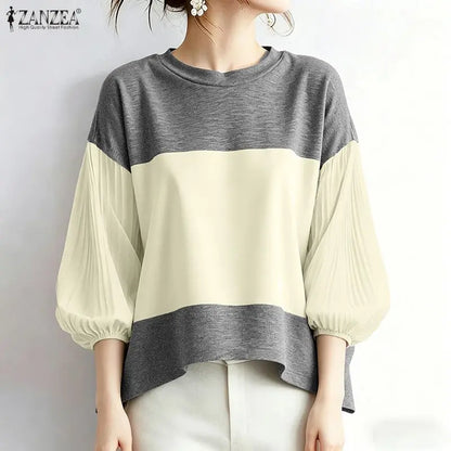 ZANZEA Women Color-Blocked T-Shirts O-Neck 3/4 Pleated Lantern Sleeve Loose Tees Spring Summer Female Elegant Fashion Blouses