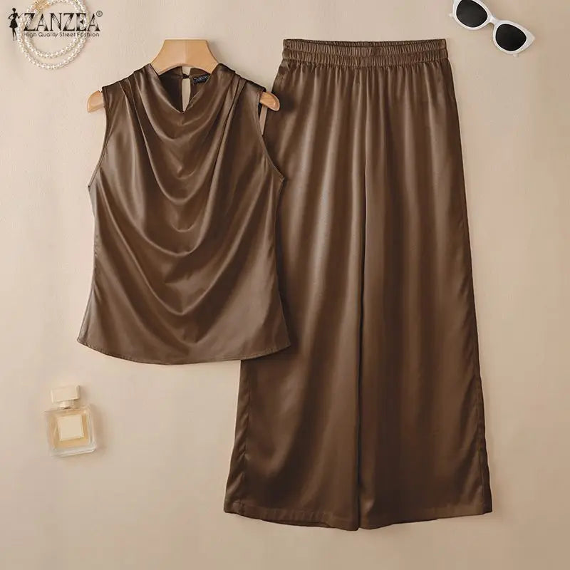 ZANZEA Summer Office Outfits Women Elegant Swing Neck Sleeveless Tanks Tops Pant Sets Fashion OL Work Satin Tracksuit 2 Pieces