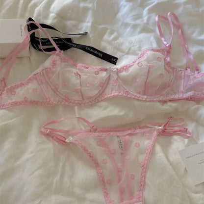Polka Dot Lace Embroidery Bra Set Soft Underwire Ultra Thin No Padding See Through Mesh Push Up Lingerie For Young Girls Daily