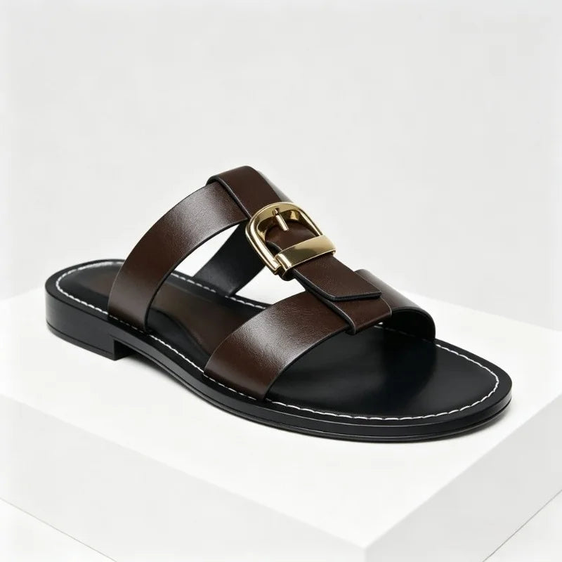 Punk Style Metal Buckle Decoration Flat Sandals Women Stitching Design Women Slippers Summer Comfortable Open Toe Slide Sandals