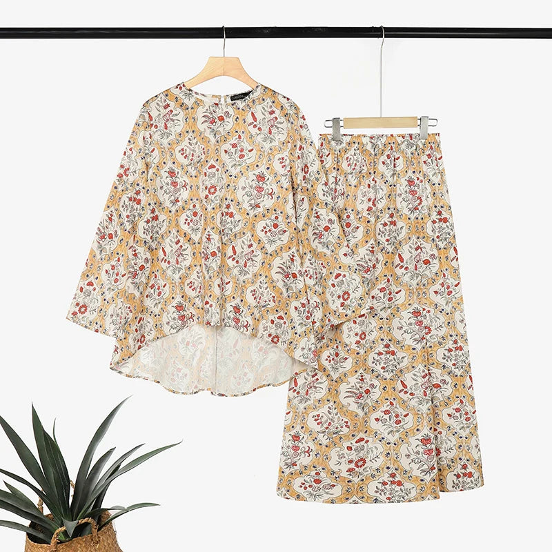 Fashion Women Muslim 2 Piece Sets ZANZEA Printed Outfits Bohemain Casual O Neck Long Sleeve Blouse Skirt Suit Hijab Tracksuit