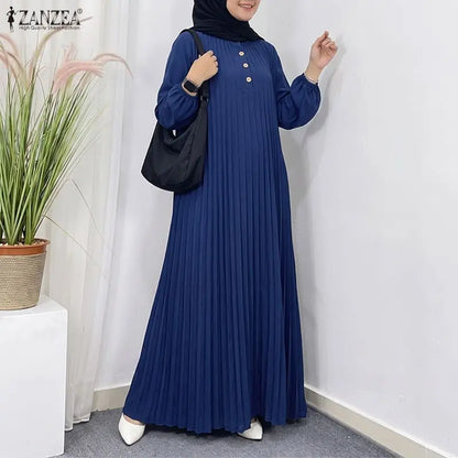 Fashion Muslim Abaya Dress ZANZEA Elegant Women Stand Neck Long Sleeve Pleated Sundress IsIamic Dubai Robe Casual Kaftan Ramadan