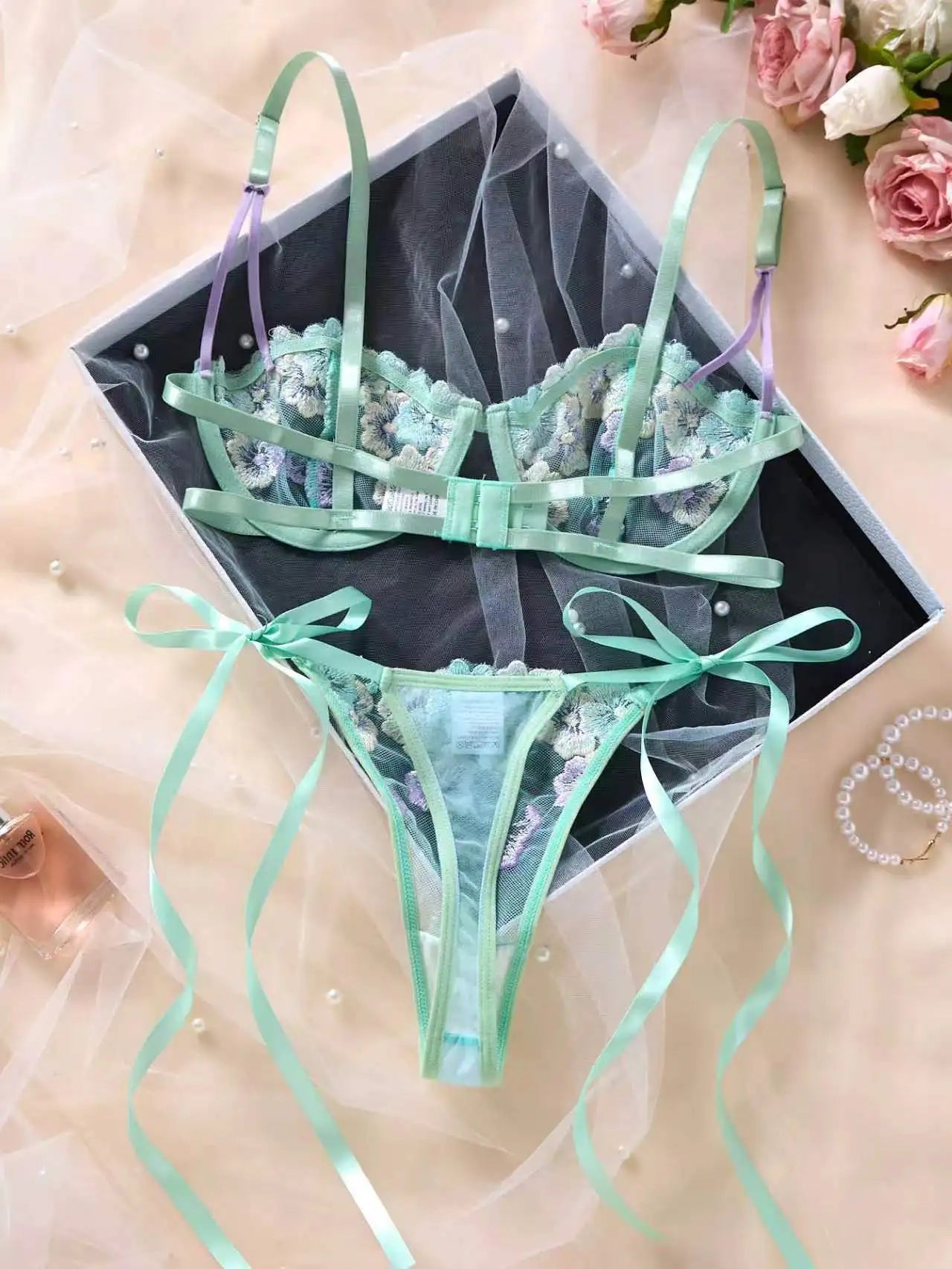 Women Sexy Lingerie Set Mint Green Floral Embroidery Lace Sheer Mesh Bra Thong Set Contrast Bow French 2‑Piece Underwear Suit