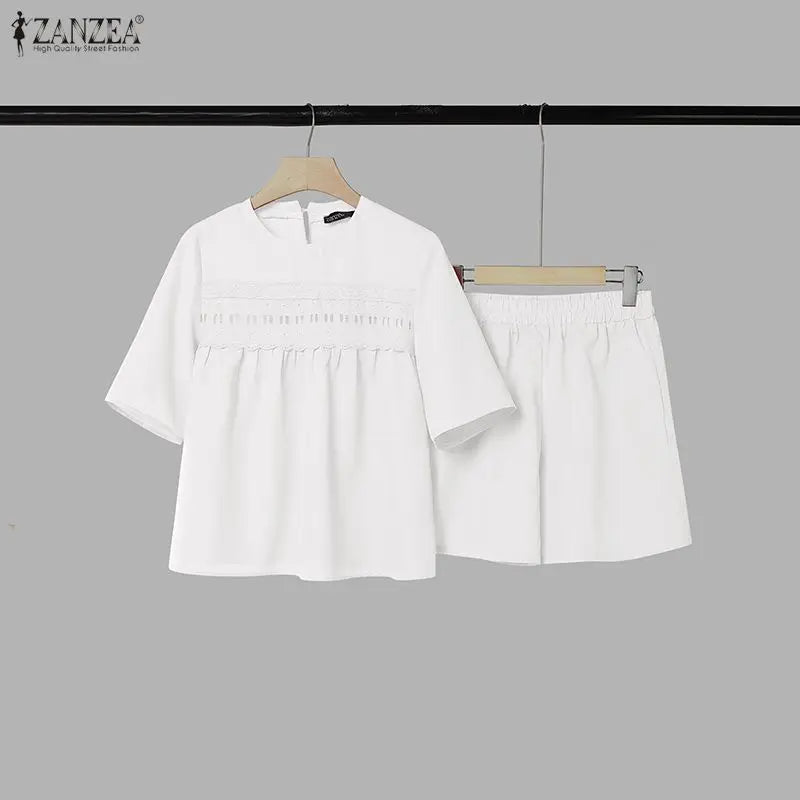 ZANZEA Women Casual 2 Pieces Sets O-Neck Half Sleeve Lace Patchwork Blouse & Elastic Waist Shorts Solid Color Loose Suits Outfit