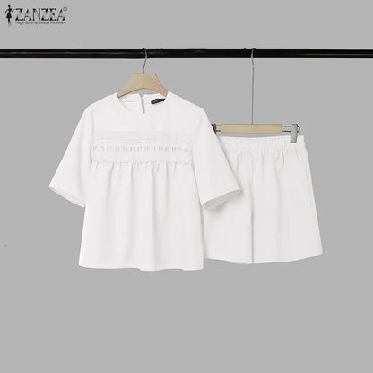 ZANZEA Women Casual 2 Pieces Sets O-Neck Half Sleeve Lace Patchwork Blouse & Elastic Waist Shorts Solid Color Loose Suits Outfit