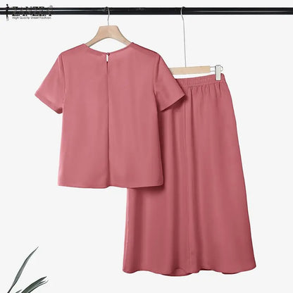 ZANZEA 2026 Summer Outfits Women Dress Sets Short Sleeve Blouse Sundress Suit Elegant 2 Piece Sets Casual Solid Color Tracksuit