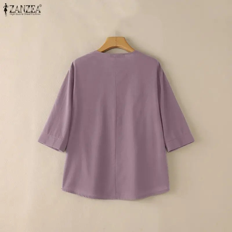 ZANZEA Woman Cotton Linen 3/4 Sleeve Blouses V-Neck Half-Button Solid Color Tops Spring Summer Daily Casual Wear Blusas de Mujer
