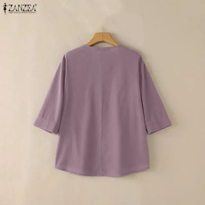ZANZEA Woman Cotton Linen 3/4 Sleeve Blouses V-Neck Half-Button Solid Color Tops Spring Summer Daily Casual Wear Blusas de Mujer