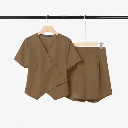ZANZEA Women's Short Sets Asymmetric Placket Short Sleeve Tops & Elastic Waist Shorts 2 Piece Suits Summer Casual Chic Outfits