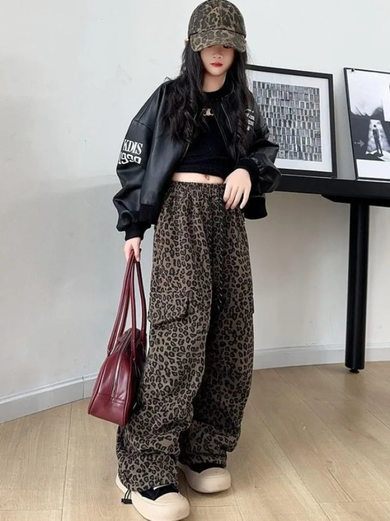 Girls' Leopard Print Cargo Pants 2026 Spring Autumn Street Dance Loose Wide Leg Pants for Kids 5-12 Years