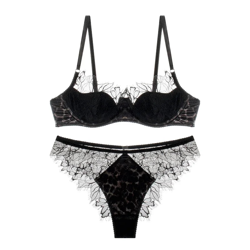 Sexy lace thin bra set female leopard underwear panties eyelash lingerie comfortable steel ring thin bras