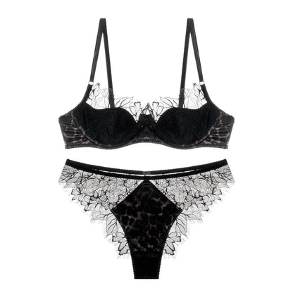 Sexy lace thin bra set female leopard underwear panties eyelash lingerie comfortable steel ring thin bras