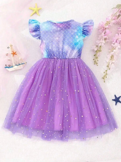 Enchanting Girl Summer Dress - Purple Lotus Leaf Cuff, Mermaid Scale Print and sequin Decoration, Polyester Mesh Skirt