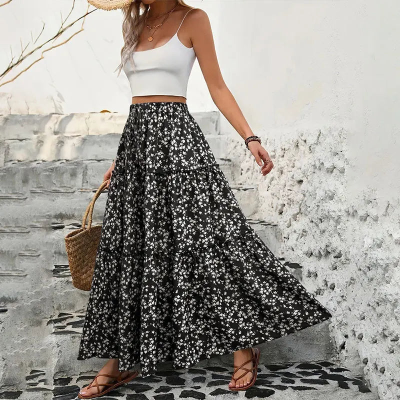 Women High Waist Floral Print A-Line Three Tiered Maxi Skirt Long Ruffle Trim Boho Summer Vacation Holiday Skirt Vestidos