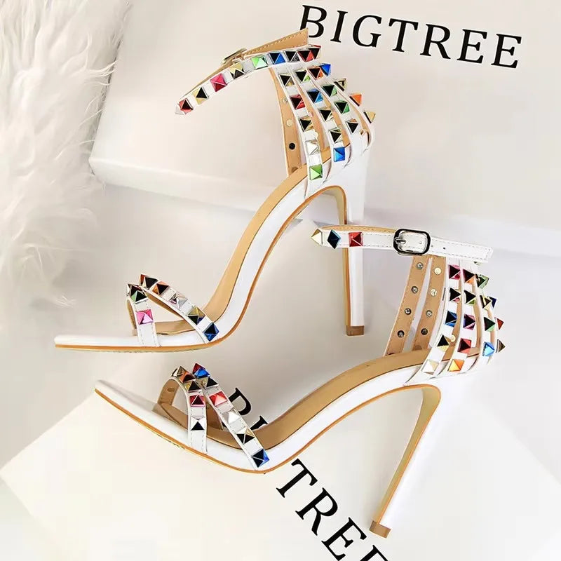 BIGTREE Shoes Color Rivets Women Sandals Roman Style Heeled Sandals Hollow Out High Heels Stiletto Sexy Party Shoes Sandals