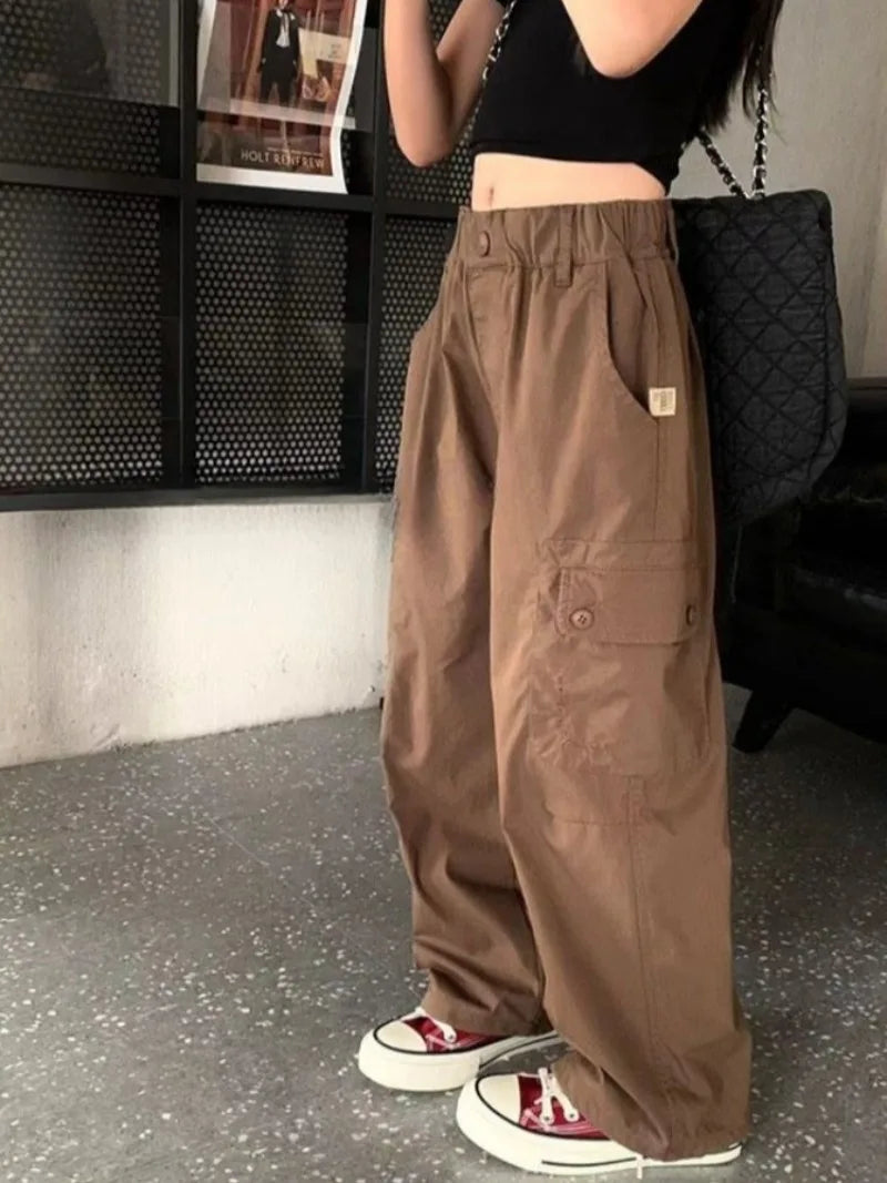 Summer Kids' Tactical Joggers 5-12 Years Lightweight Straight Cargo Pants Breathable Stretchy Outdoor Playwear for Girls Wear