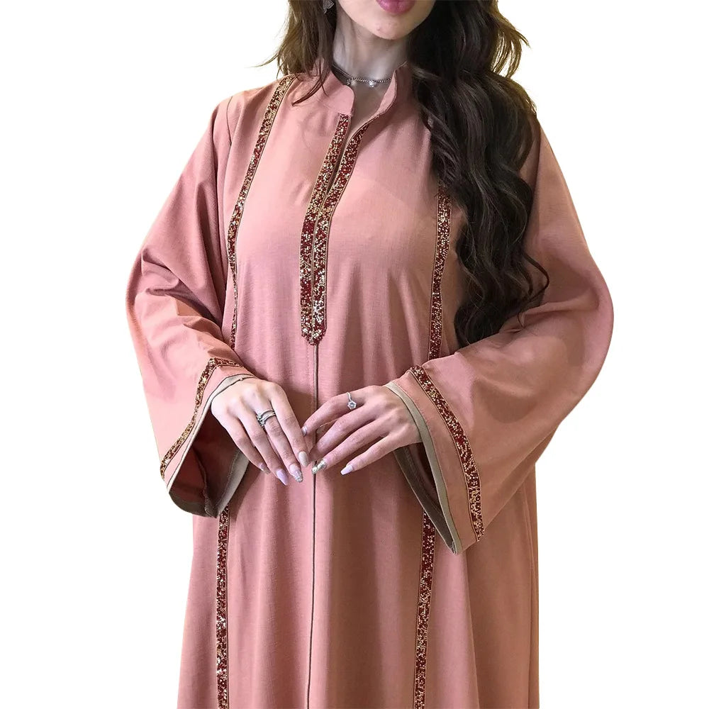 Morocco Abaya Women Dress Diamond Tape Trim Maxi Dress Autumn 2026 Stand Collar Long Sleeve Loose Oman Turkey Dubai Muslim Robe