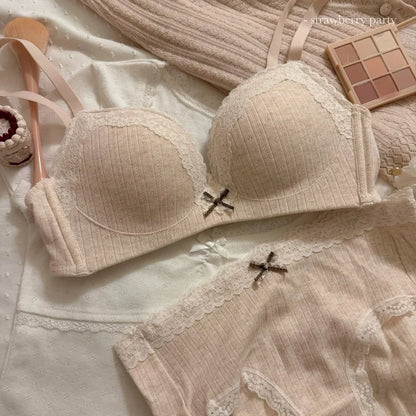 New Sweet Girl Lace Edge Sexy Lingerie Women's Small Breasts Gather No Wire Anti-Sag Bra Set Student Bra Panties Underwear Set