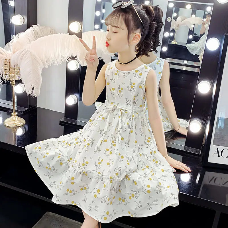 Floral Princess Dress with Waist Tie Trendy Tweens Girls Clothing Dresses 6 8 Years Frocks Kids Girly Clothes Skirt Girl Elegant