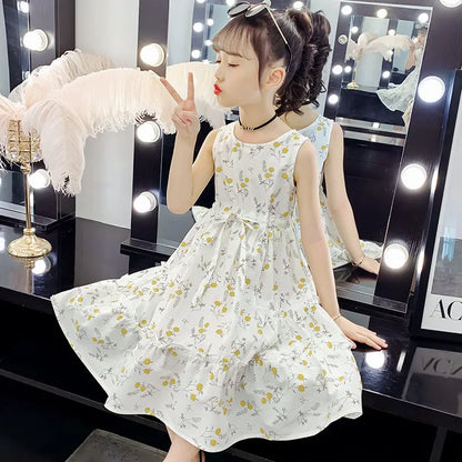 Floral Princess Dress with Waist Tie Trendy Tweens Girls Clothing Dresses 6 8 Years Frocks Kids Girly Clothes Skirt Girl Elegant