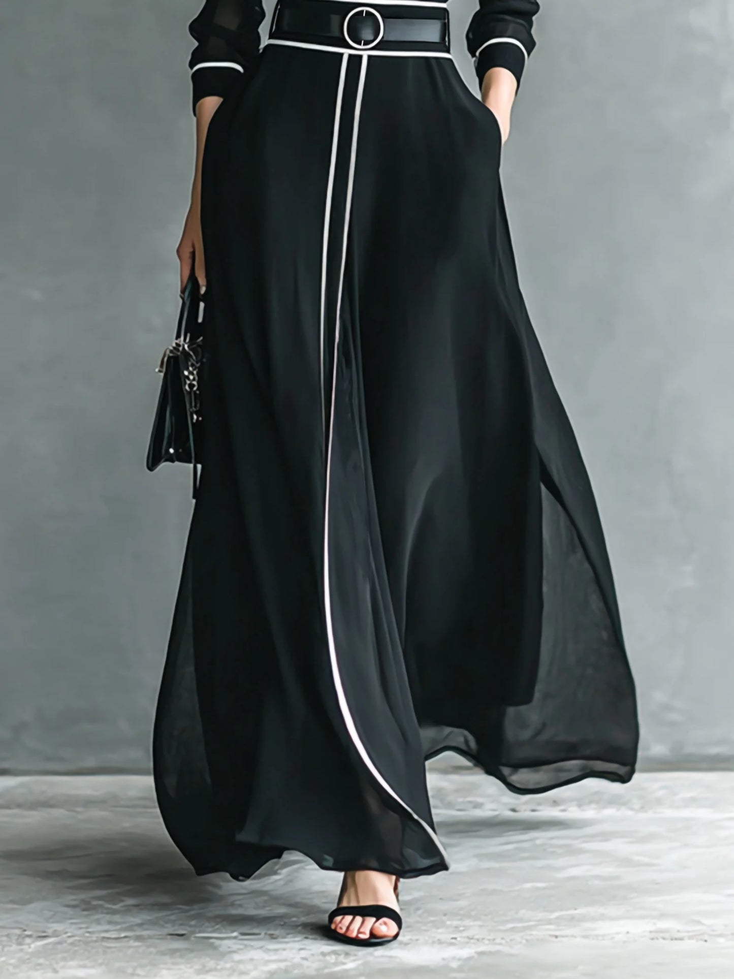 French Elegant Chiffon Maxi Dress, High Neck Long Sleeve with White Piping Trim, Ideal for Office, Business, Banquets & Parties