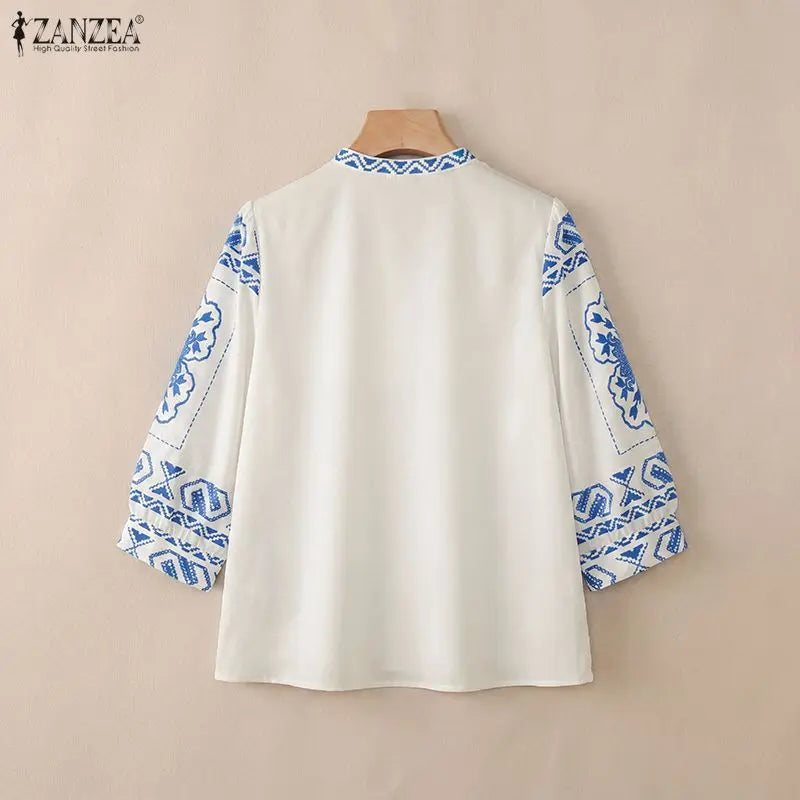 ZANZEA Women Summer Ethnic Floral Print Blouses Casual V-Neck 3/4 Lantern Sleeves Peplum Tops Bohemian Vacation Blusas Mujer