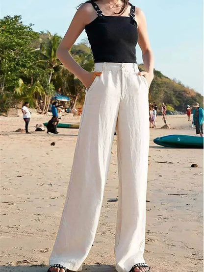 Women's Pants Summer Cotton Linen Wide Leg Pants Full Length Casual Solid White Loose High Waist Straight Trousers Women