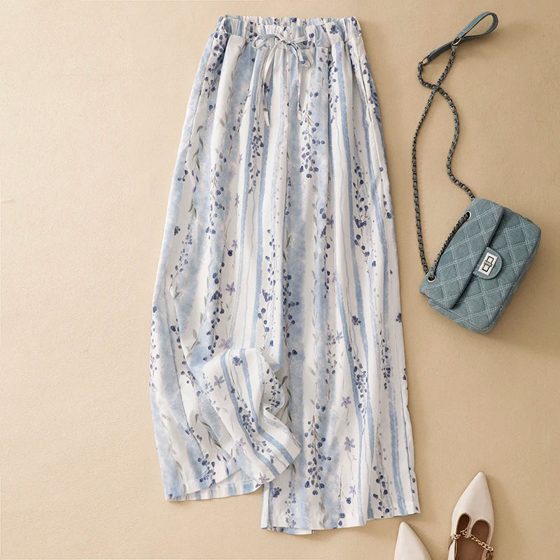 Casual Floral Print Wide Leg Pants High Waist Long Trousers Women's Spring Summer Vacation Style Comfortable Breathable Cotton