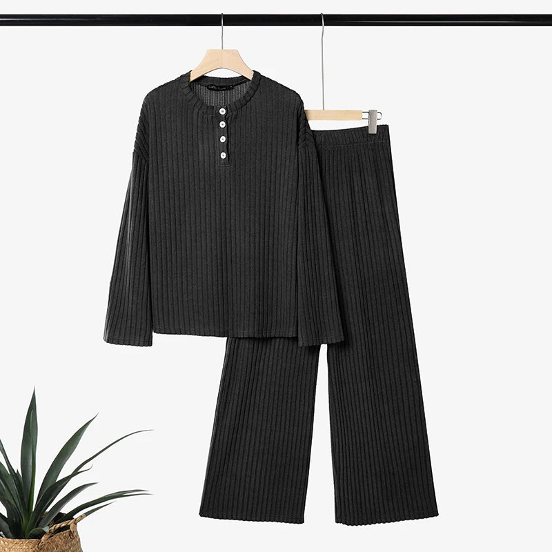ZANZEA Women Ribbed Knit Pant Sets O-Neck Long Sleeve T-Shirt & Elastic Waist Pant 2 Piece Matching Sets Autumn Casual Co-ords