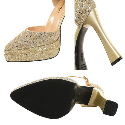BIGTREE Shoes Sequin Women Pumps Double Layer Platform Heels Women Shoes Luxury Banquet Shoes High-heeled Sandals Summer Shoes