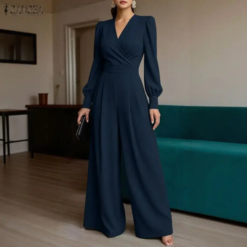 ZANZEA Women's Elegant Wrap V-Neck Jumpsuits Long Sleeve Cinch Waist Solid Color Wide Leg Pant Overalls Woman Fashion Jumpsuit
