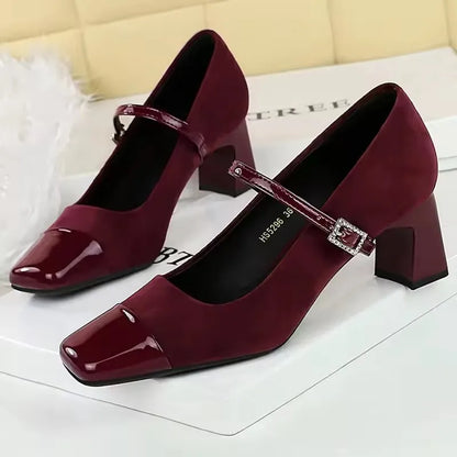 BIGTREE Shoes Leopard Print Women Pumps Suede Middle Heel Shoes Sexy Mary Jane Shoes Rhinestone Buckle Ladies Shoes Square Head