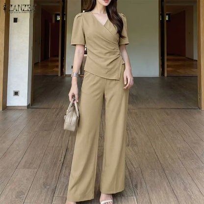 ZANZEA Women Elegant Chic 2pcs Pant Sets Short Sleeve Asymmetrical Blouses & Wide Leg Pants 2 Piece Suits OL Commute Outifts