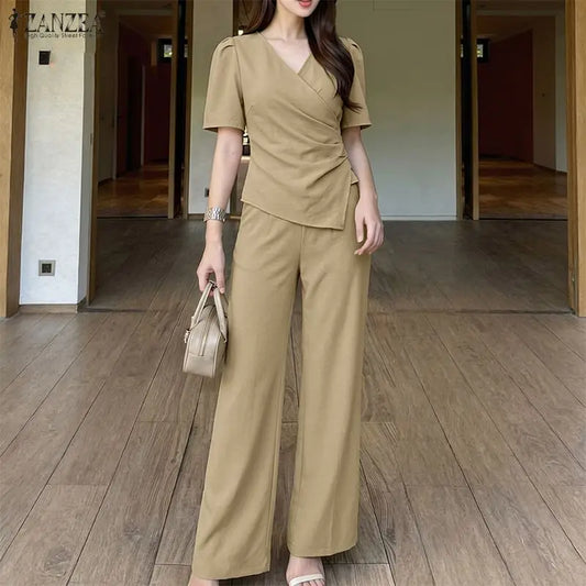 ZANZEA Women Elegant Chic 2pcs Pant Sets Short Sleeve Asymmetrical Blouses & Wide Leg Pants 2 Piece Suits OL Commute Outifts