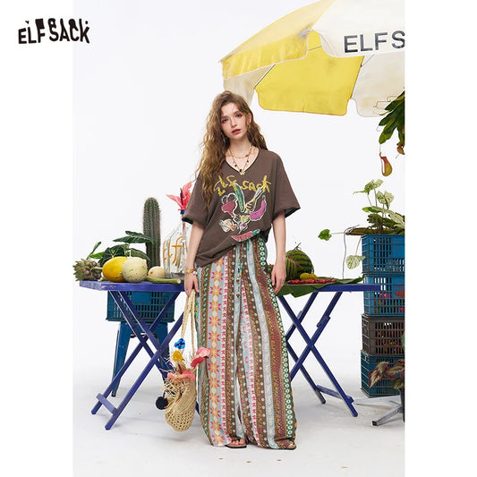 ELFSACK Women's Full Printed Wide Leg Pants with Elastic Waist, Cartoon Fruit Floral Print Loose Trousers for Daily