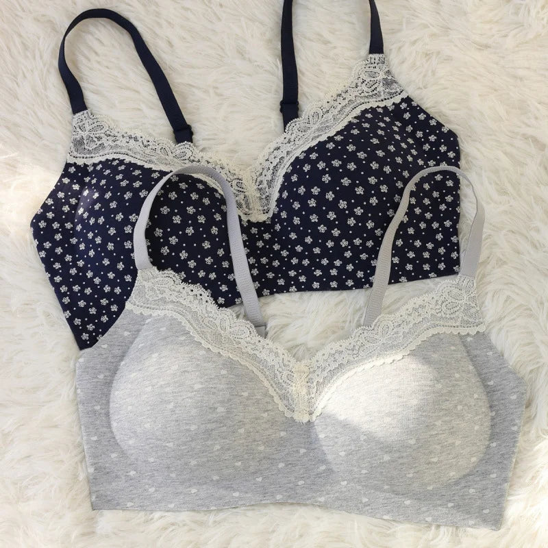 Teenage Sexy Lace Floral Bra Set Comfortable Non-steel Ring Beauty Back Small Breasts Gathered up Support Anti-Sagging Bra Set
