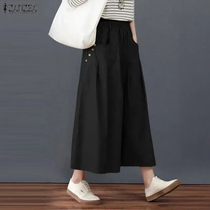 Women Casual Elastic Waist Pleated Trousers ZANZEA Solid Color Loose Wide Leg Pants Summer Capris Female Long Pant Oversize 2026
