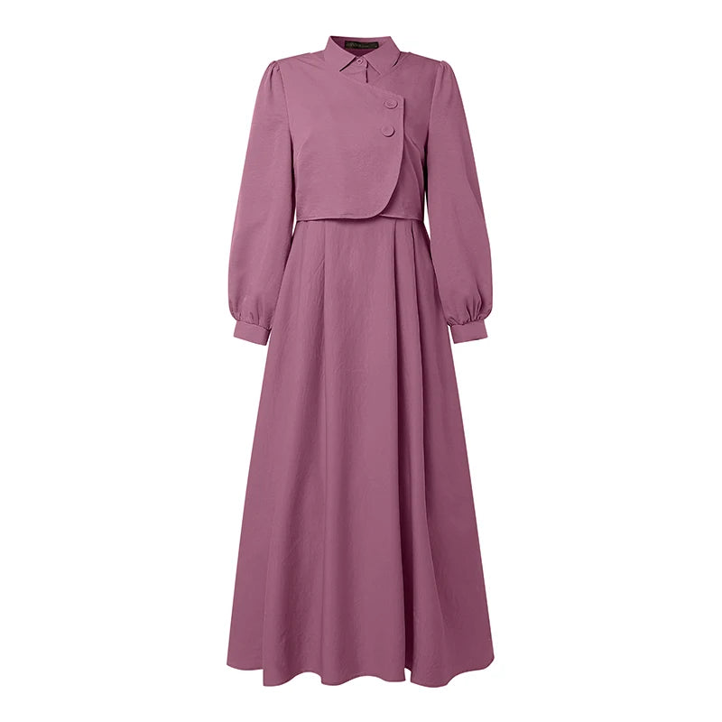ZANZEA Fashion Muslim Abaya Dresses Ramadan Robe Women Elegant Long Sleeve Pleated Sundress Dubai Casual Kaftan Fake 2 Pieces