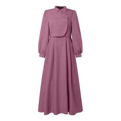 ZANZEA Fashion Muslim Abaya Dresses Ramadan Robe Women Elegant Long Sleeve Pleated Sundress Dubai Casual Kaftan Fake 2 Pieces