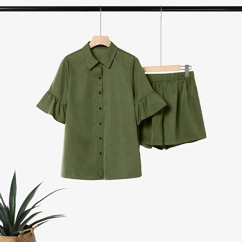 ZANZEA Fashion Women Lapel Neck Half Sleeve Shirt Shorts Sets Summer 2 Pieces Sets Casual Holiday Tracksuit Solid Work Outfits