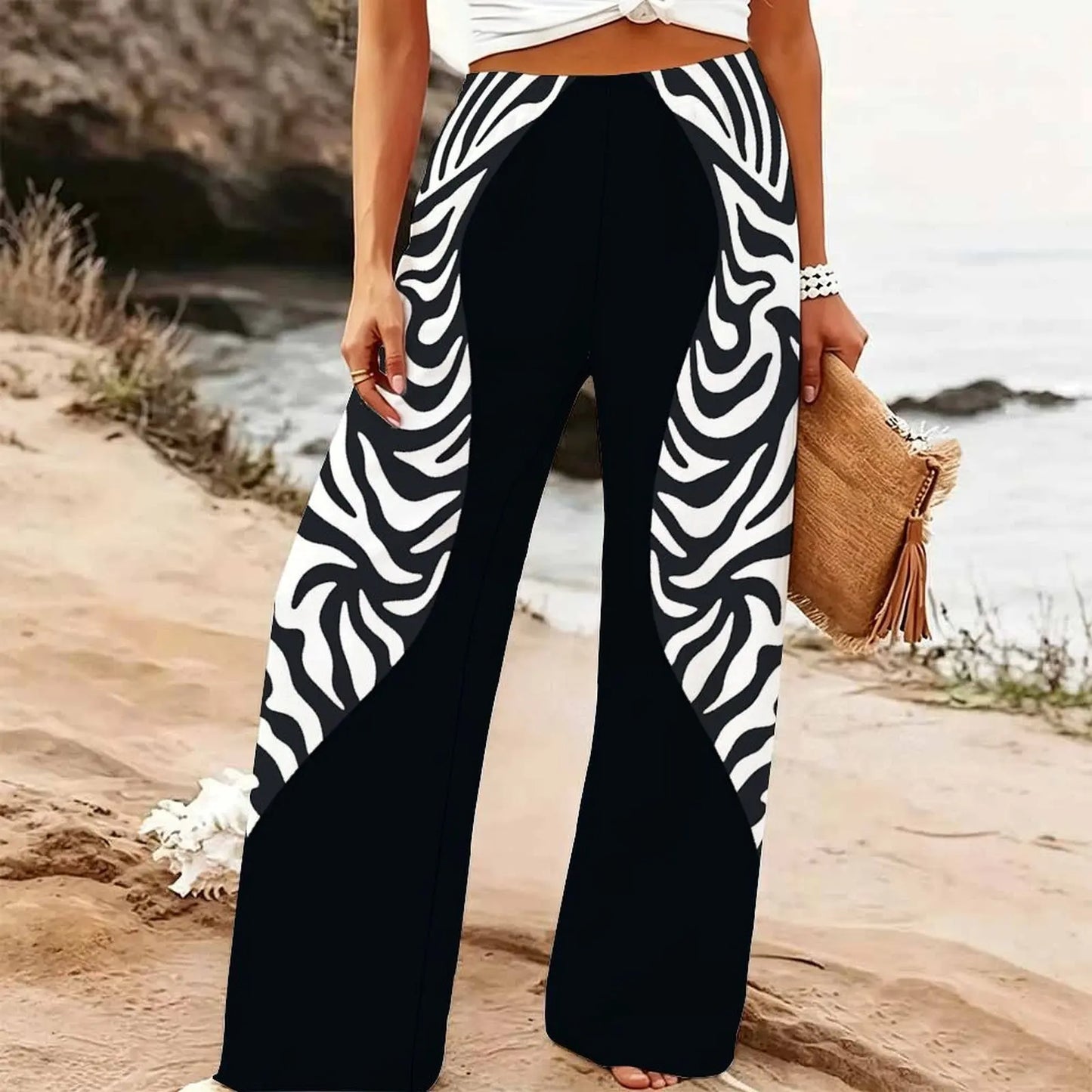 Women's Summer Beach Wide Leg Trousers Floral Print Elastic High Waist Loose Fit Casual Vacation Palazzo Pants