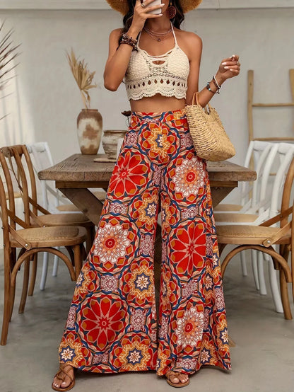 Women High Waist Boho Floral Wide Leg Pants Casual Loose Palazzo Trousers Summer Beach Vacation Pants