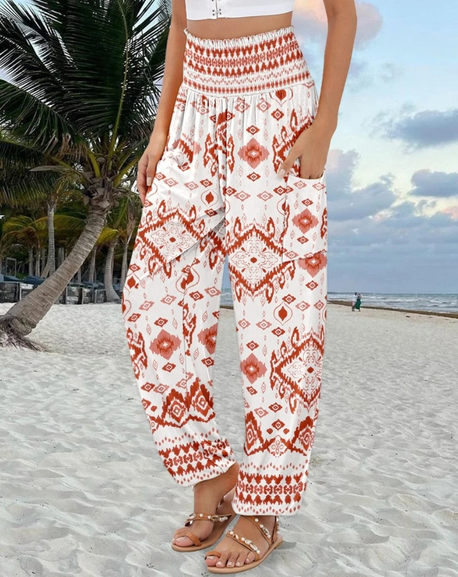 Women's High Waist Boho Print Loose Fit Palazzo Pants with Geometric Floral Pattern and Side Pockets for Summer Beach Vacation