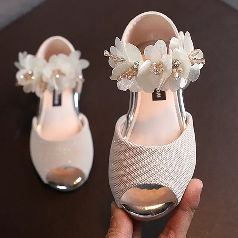 2026 Summer Girls Rhinestone Flower Shoes Low Heel Flower Wedding Party Dress Pump Shoes Princess Shoes For Kids Toddler