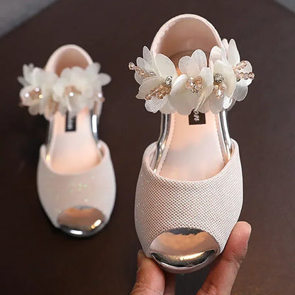 2026 Summer Girls Rhinestone Flower Shoes Low Heel Flower Wedding Party Dress Pump Shoes Princess Shoes For Kids Toddler
